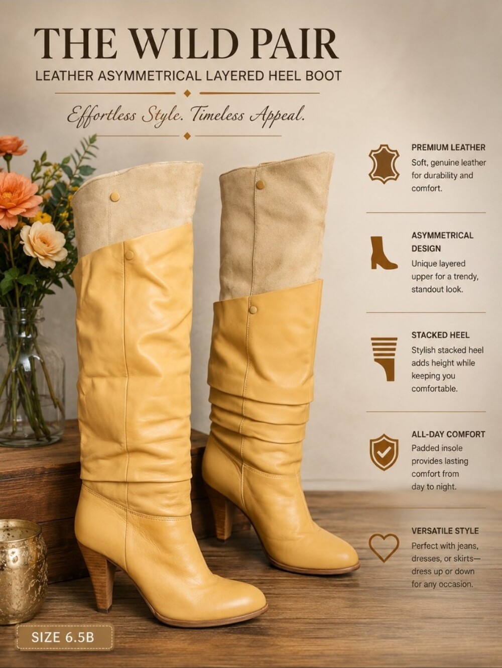 THE WILD PAIR Leather Asymmetrical Layered Heel Boot 6.5B